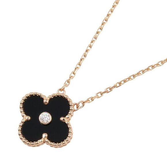Van Cleef & Arpels Jewelry - Van Cleef & Arpels Vintage Alhambra Au750 Pink Gold Diamond Onyx Necklace